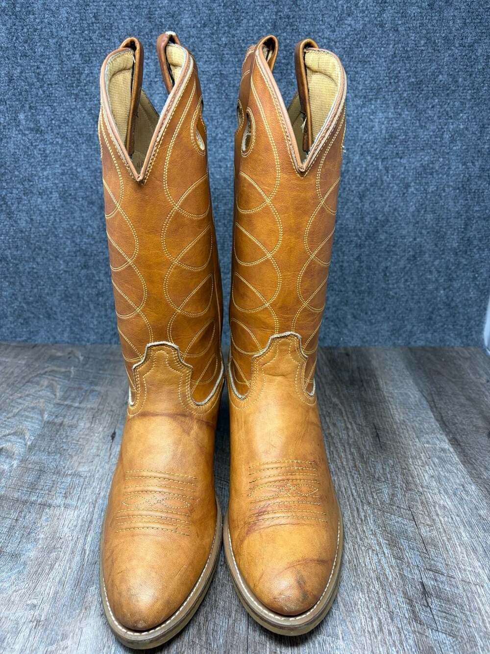 Vintage Acme Cowboy Western Mens 10 D Boots Tan Brown marbled leather USA MADE - Picture 3 of 16